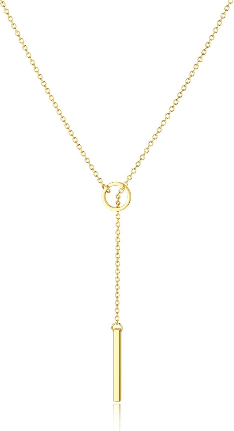 Tewiky Lariat Necklace for Women, Dainty Long Necklaces 14k Gold Plated Heart Pearl CZ Teardrop Pendant Necklace Simple Drop Necklace Trendy Y Necklace Fashion Jewelry for Women - Image 1